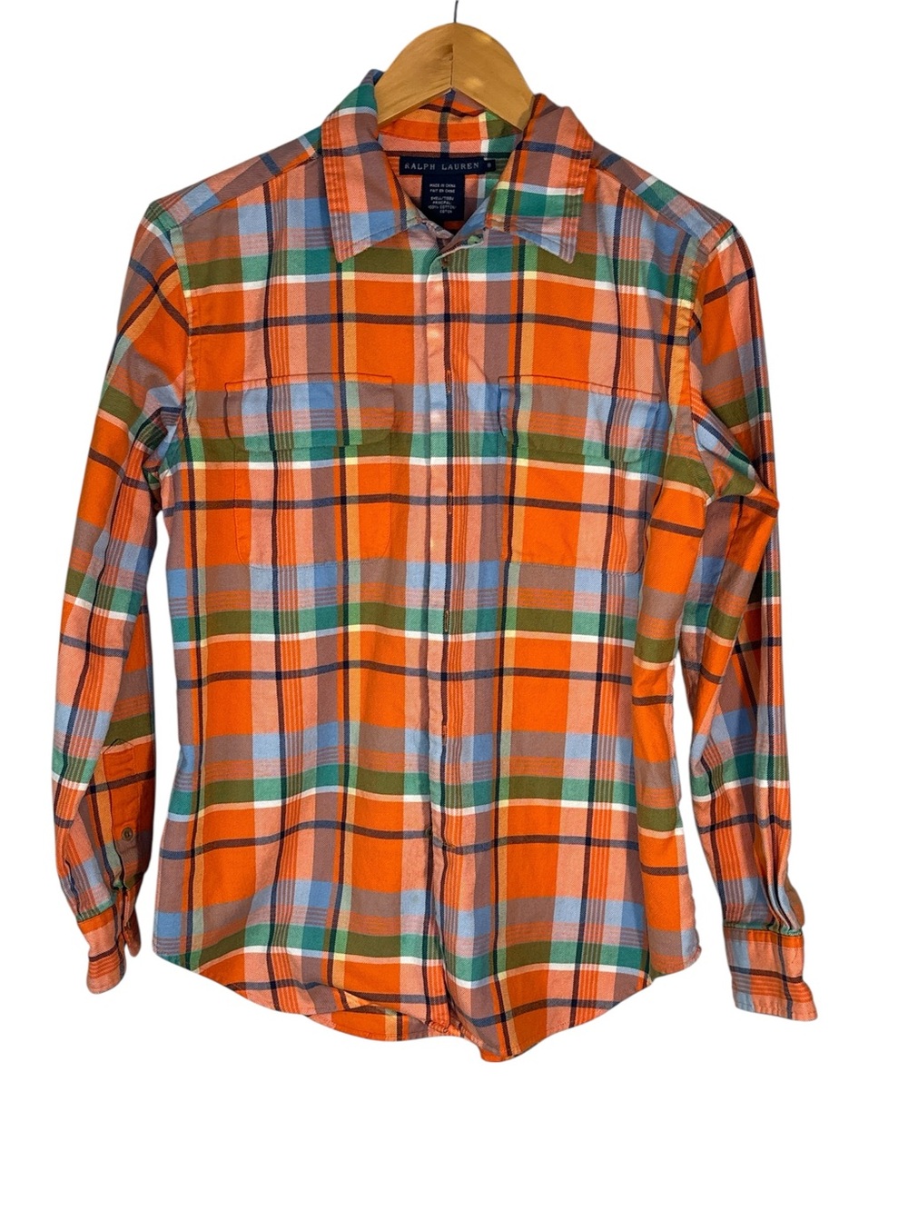 Ralph Lauren Flannel Button Down Shirt Orange Plaid Pockets Cotton Sz 8